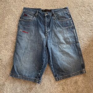 Y2K FUBU The Collection Mens Baggy Denim Jorts Shorts Blue Wash Vintage W36